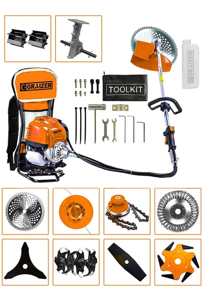 Graizer 11 Başlıklı Set Sırt Tipi Benzinli Ot Çalı Çim Biçme Tırpanı Makinesi Turuncu - 2