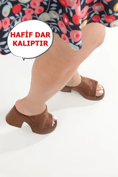Forela Acı Kahve Süet Hakiki Deri Kalın Taban Yüksek Platform Terlik - 2