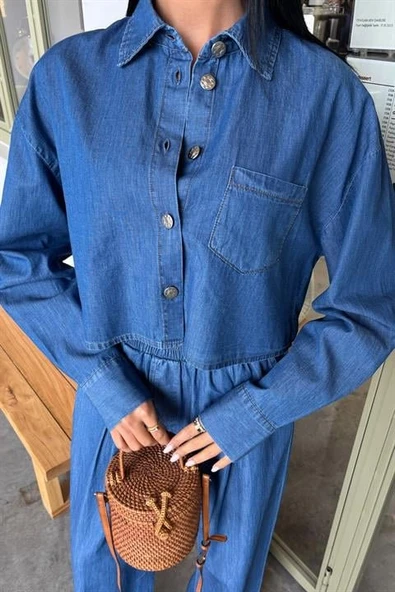 Denim Gömlek Plazzo Pantolon Takım 10163-08 - Resim 8