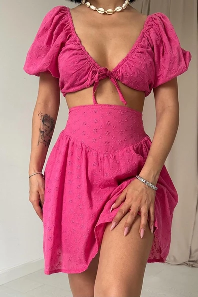 Fuşya Brode Crop Ve Mini Etek Takım - Resim 3