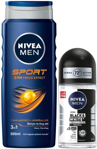 Nivea Men Sport Duş Jeli 500 ML + Invisible Black&White Fresh Erkek Roll-On Deodorant 50 ML ürün görseli 1