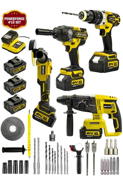 Graizer 21v Akülü Matkap & Taşlama & Kırıcı Delici Hilti & Somun Sıkma Sökme 4'lü Set Sarı - 2