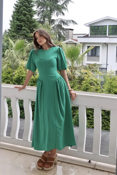 Yeşil Arkadan Bağlamalı Büzgülü Keten Elbise - Resim 2