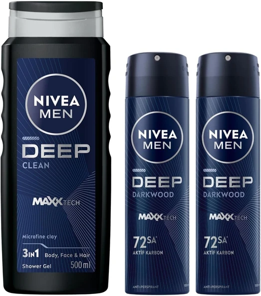 NIVEA Men Deep Dimension Duş Jeli 500 ml, 3'ü 1 Arada, Vücut, Saç ve Yüz + NIVEA Men Erkek Sprey Deodorant Deep Dimension 48 Saat Anti-perspirant Koruma 150 ml X2 ürün görseli