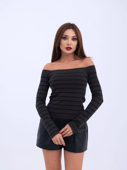 4206 TRİKO ÇİZGİLİ KAYIK YAKA CROP-ANTRASİT-SİYAH - Resim 3