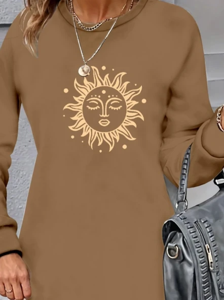 Kadın Uzun Kollu Bisiklet Yaka Güneş Desenli Viskon Iki Iplik Elbise - Resim 2