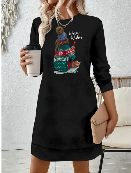 Kadın Uzun Kollu Bisiklet Yaka Desenli Viskon Iki Iplik Elbise ürün görseli