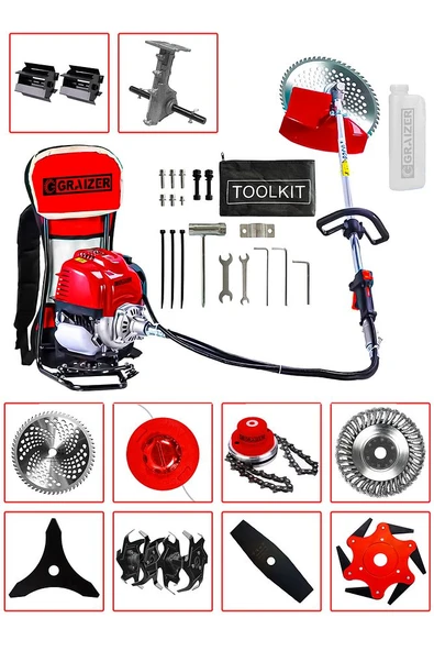 Graizer 11 Başlıklı Set Sırt Tipi Benzinli Ot Çalı Çim Biçme Tırpanı Makinesi Kırmızı - 2