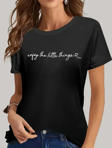 Kadın Kısa Kollu önü Yazı Baskılı Basic Süprem Bluz - Resim 6