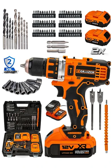Graizer 12v Çift Akülü Vidalama Metal Şanzıman-Metal Mandren Şarjlı Matkap Turuncu - 2
