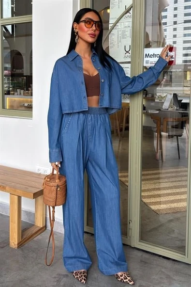 Denim Gömlek Plazzo Pantolon Takım 10163-08 - Resim 6