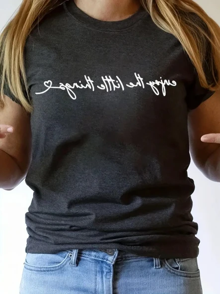 Kadın Kısa Kollu önü Yazı Baskılı Basic Süprem Bluz - Resim 3