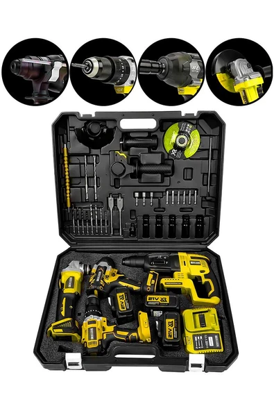 Graizer 21v Akülü Matkap & Taşlama & Kırıcı Delici Hilti & Somun Sıkma Sökme 4'lü Set Sarı - 3