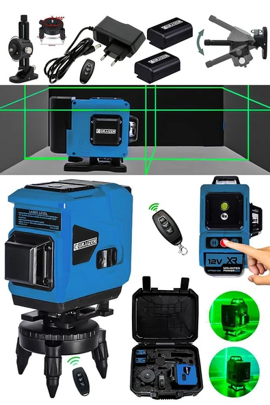 Graizer 360° 12 Köşe Otomatik Hizalamalı Yeşil Çizgili Su Terazili Lazer Metre Hizalama Mavi - 1