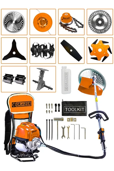Graizer 11 Başlıklı Set Sırt Tipi Benzinli Ot Çalı Çim Biçme Tırpanı Makinesi Turuncu - 1