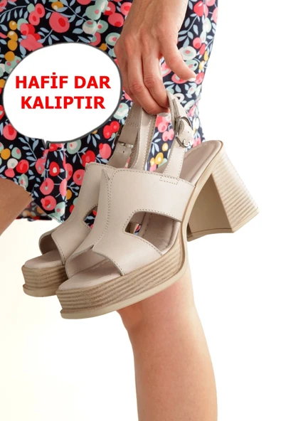 Nadiya Krem Taş Rengi Hakiki Deri Yüksek Kalın Platform Topuklu Kadın Ayakkabı - 2