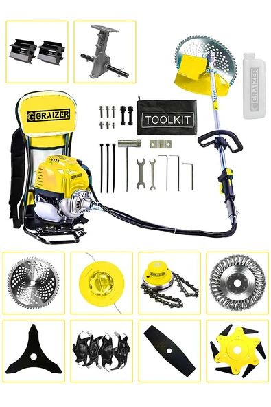 Graizer 11 Başlıklı Set Sırt Tipi Benzinli Ot Çalı Çim Biçme Tırpanı Makinesi Sarı - 2