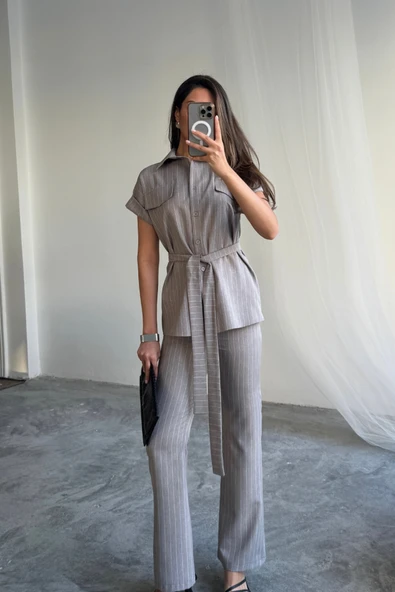 ÇİZGİLİ POLYVİSKON BLUZ - PANTOLON TAKIM - Gri ürün görseli