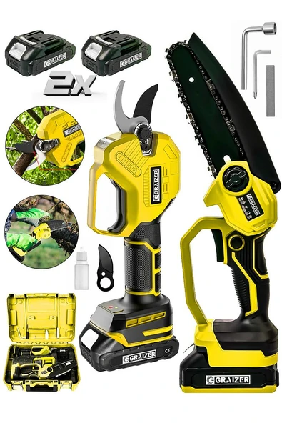 Graizer Profesyonel 2'li Set 18v Çift Akülü Bağ Makası Ve Budama Testeresi Makinesi Sarı ürün görseli 1