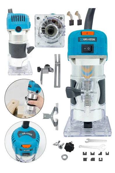 6 Kademe Devir Ayarlı Formika Traşlama Freze Makinesi 6 Mm + 12 Adet Uç Hediye Mavi