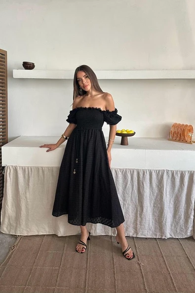 Siyah Gipeli Brode Elbise - 2