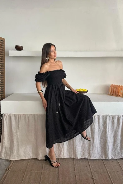 Siyah Gipeli Brode Elbise - 4