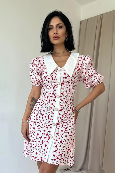 Fuşya Önlük Yakalı Poplin Elbise - Resim 2