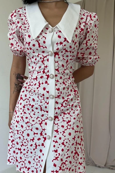 Fuşya Önlük Yakalı Poplin Elbise - Resim 3