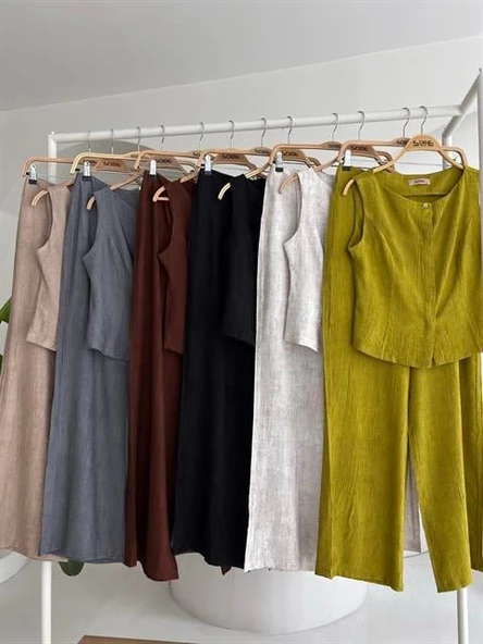 Sıfır Kollu Bluz Batik Desenli Pantolon İkili Takım 10181-08 - Resim 12