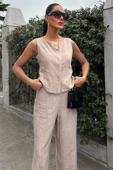 Sıfır Kollu Bluz Batik Desenli Pantolon İkili Takım 10181-08 - Resim 3