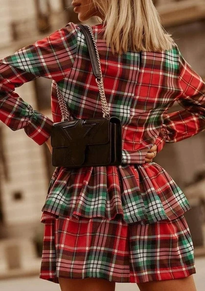 Kadın Ekose Kumaş Dijital Baskılı Uzun Kollu Mini Boy Elbise - Resim 3
