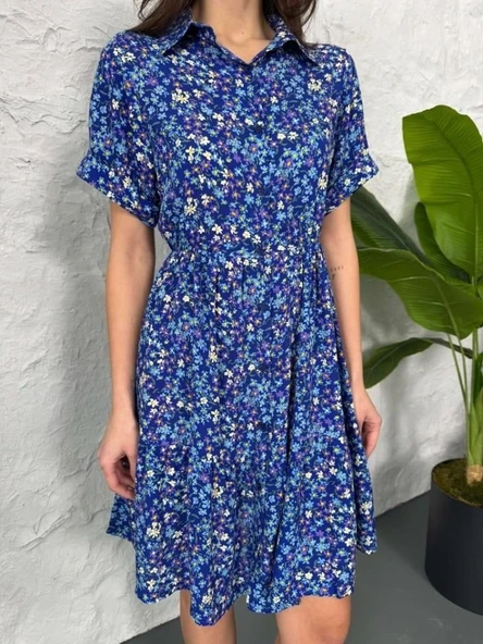 Baskılı Keten Elbise - Lacivert-Beyaz - Resim 2