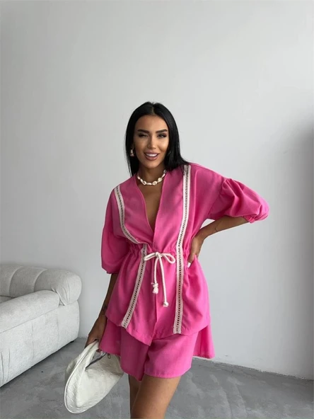 KETEN BEL BÜZGÜLÜ BLUZ-PANTOLON TAKIM - Fuşya - Resim 3