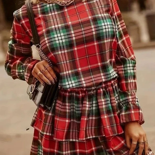 Kadın Ekose Kumaş Dijital Baskılı Uzun Kollu Mini Boy Elbise - Resim 2