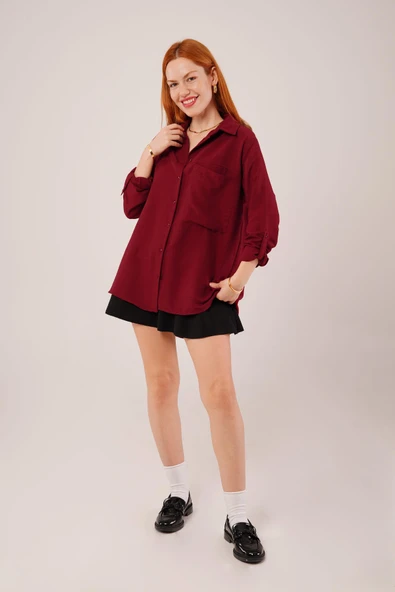 Salaş Kesim Cepli Bordo Gömlek - Resim 2