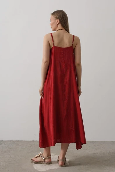 Askılı Uzun Çan Elbise - Bordo - Resim 3