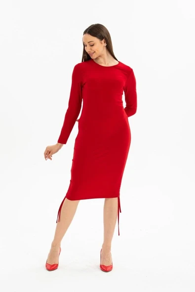 Kadın Uzun Kol Büzgü Detaylı Sandy Kumaş Ayarlanabilir Boy Fırsat Ürün Elbise - Resim 6