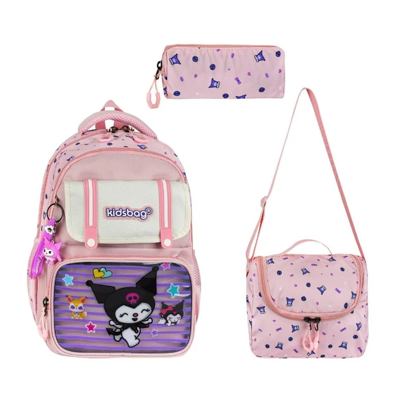 İlkokul Kız Çocuk Çantası 3'lü Set Kuromi Benzeri 40*30 Cm Beslenme Çantası Kalem Kutusu Ortopedik - Resim 19