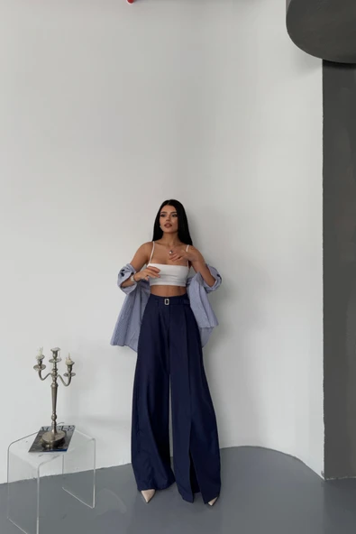 SALAŞ ÖNDEN YIRTMAÇ DETAYLI BEL KEMERLİ PANTOLON - Lacivert - Resim 4