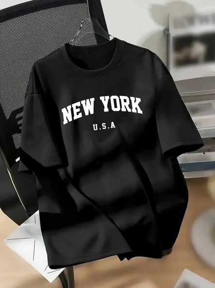New York Baskılı Oversize Bisiklet Yaka T-shirt - Siyah ürün görseli