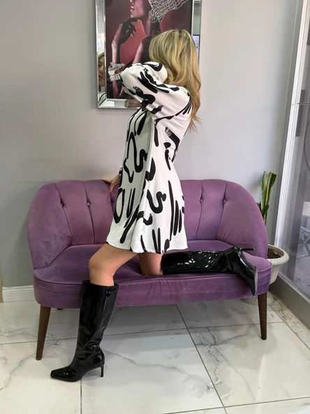 Kadın Uzun Kollu Yarı Balıkçı Yaka Desenli Kısa Dalgıç Elbise - Resim 2