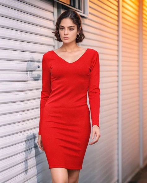 Kadın Uzun Kollu V Yaka Sırt Dekolteli Scuba Dalgıç Kumaş Mini Elbise ürün görseli