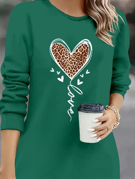 Kadın Uzun Kollu Bisiklet Yaka Kalp Desenli Kısa Viskon Elbise - Resim 2