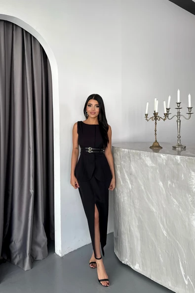 CEKET-ETEK GÖRÜNÜMLÜ ELBİSEÇİFT KEMER DETAYLI - Siyah ürün görseli