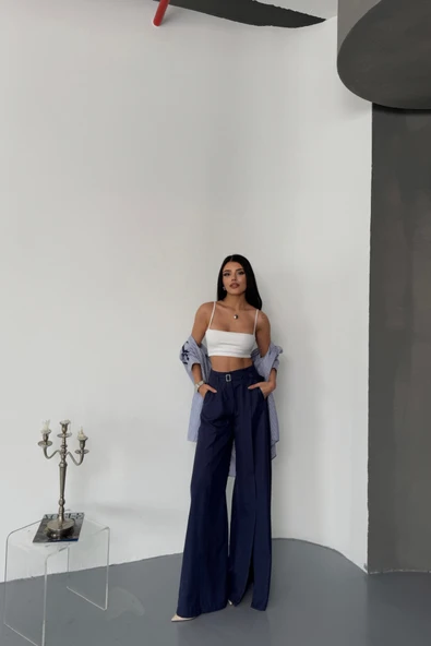 SALAŞ ÖNDEN YIRTMAÇ DETAYLI BEL KEMERLİ PANTOLON - Lacivert - Resim 2