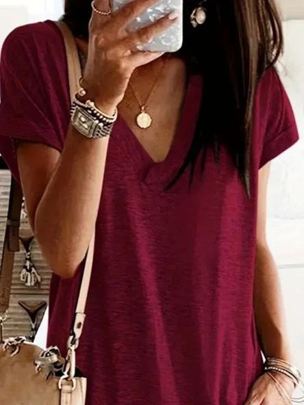 Kadın Kısa Kollu V Yakalı Cepli Kısa Viskon Elbise - Resim 2