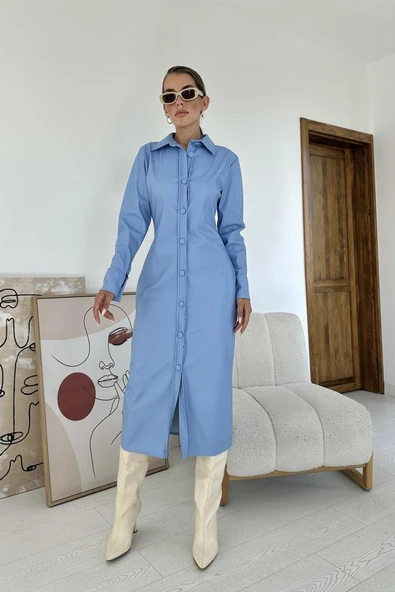 Mavi Boydan Düğmeli Deri Elbise ürün görseli