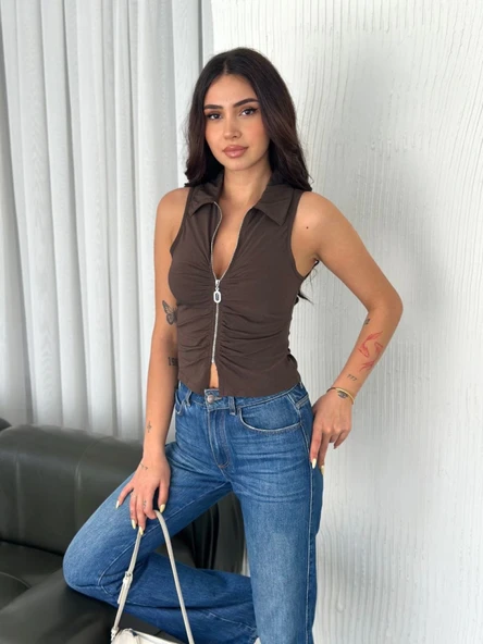 Yakalı Tam Fermuarlı Kolsuz Bluz - Kahverengi - Resim 3