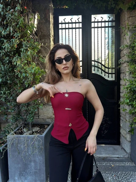 Kadın Ottoman Kumaş Düğme Detaylı Büstiyer Crop - Resim 3