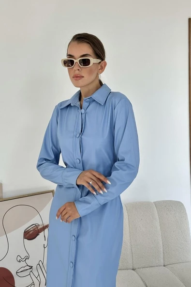 Mavi Boydan Düğmeli Deri Elbise - Resim 2